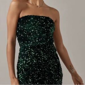 Express dark green sequin strapless dress S